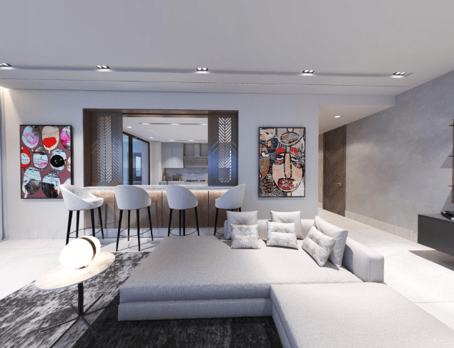 Cuisine ouverte Cuisina à Lake Bay Residences avec comptoir-bar, tabourets hauts et finitions contemporaines.
